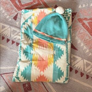 Pendleton Teal and Coral baby Hat & Blanket
